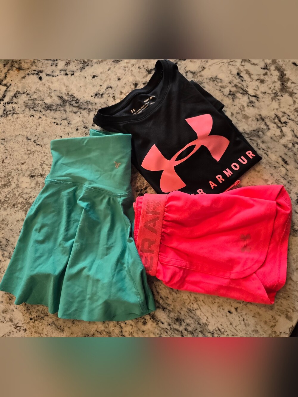 Under Armour Black Tee - Old Navy Teal Skirt & Under Armour Hot Pink Shorts